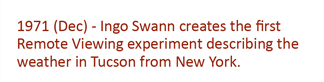 1971 (Dec) Ingo Swann creates the first Remote Viewing experiment describing the weather in Tucson from New York.