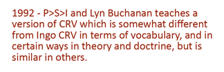 1992 - Lyn Buchanan teaches a version of CRV which is somewhat different from Ingo CRV in terms of vocab, and in certain ways in theory and doctrine but is similar in  others.